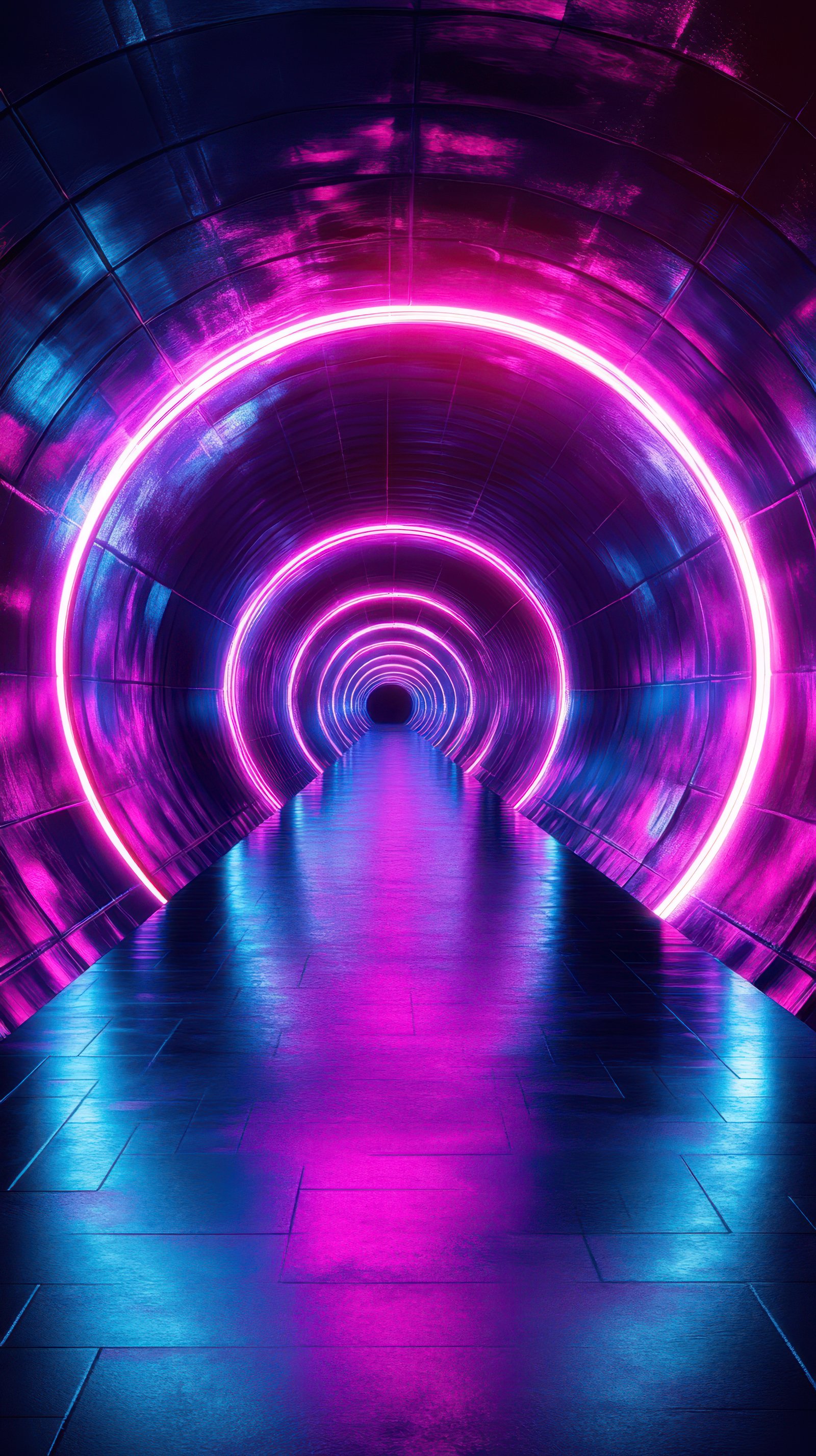 Vibrant neon tunnel with glowing pink lights and reflective surfaces creates a surreal atmosphere at night